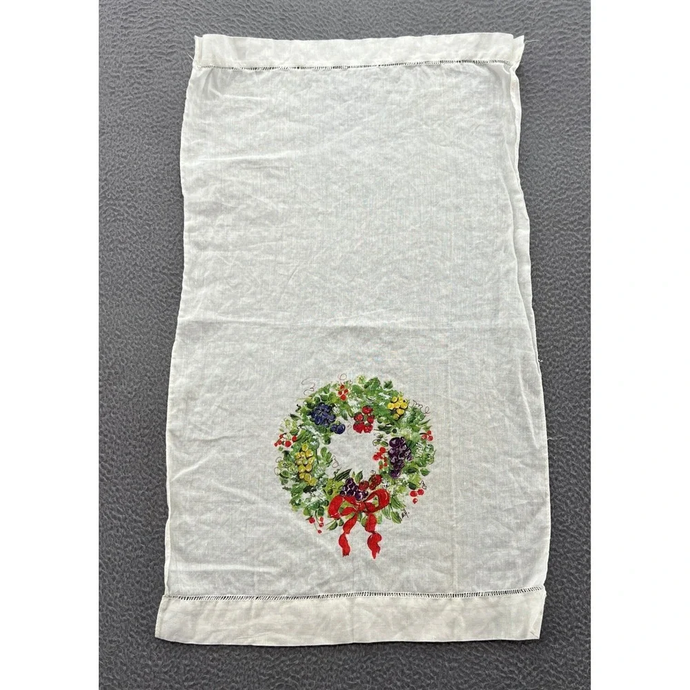 Vintage White Linen Hand Towel Fruit Wreath Hemstitch Guest Towel 13x21 B.H.